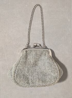 Vtg Style Grey Herringbone Tweed Kiss Lock Mini Coin Purse w/ Chain Cottagecore